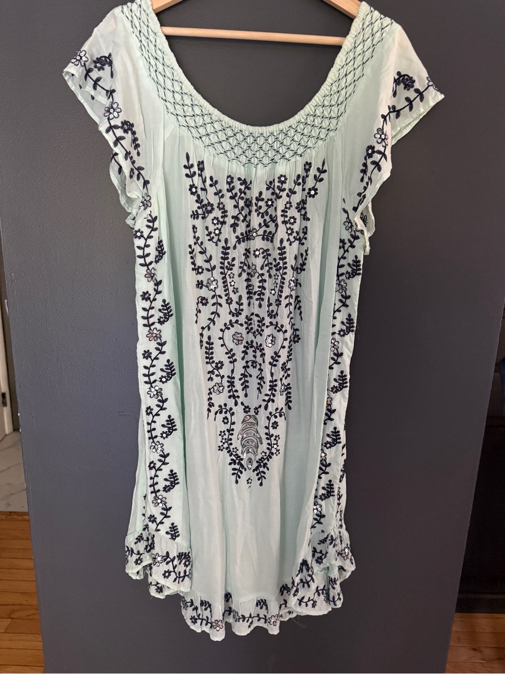 Saks Fifth Avenue Mint Green Dress with Navy Embroidery & Silver Sequins